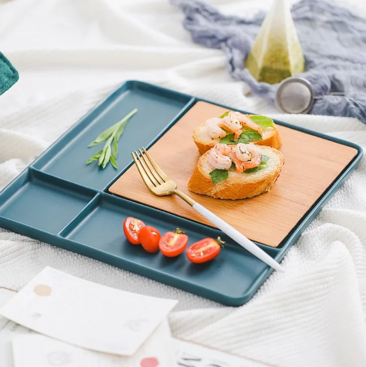 Creative 12.5inch Rectangle Matte Glazed Ceramic Plate With Removable Bamboo Board White Divide Steak Dinner Plate
