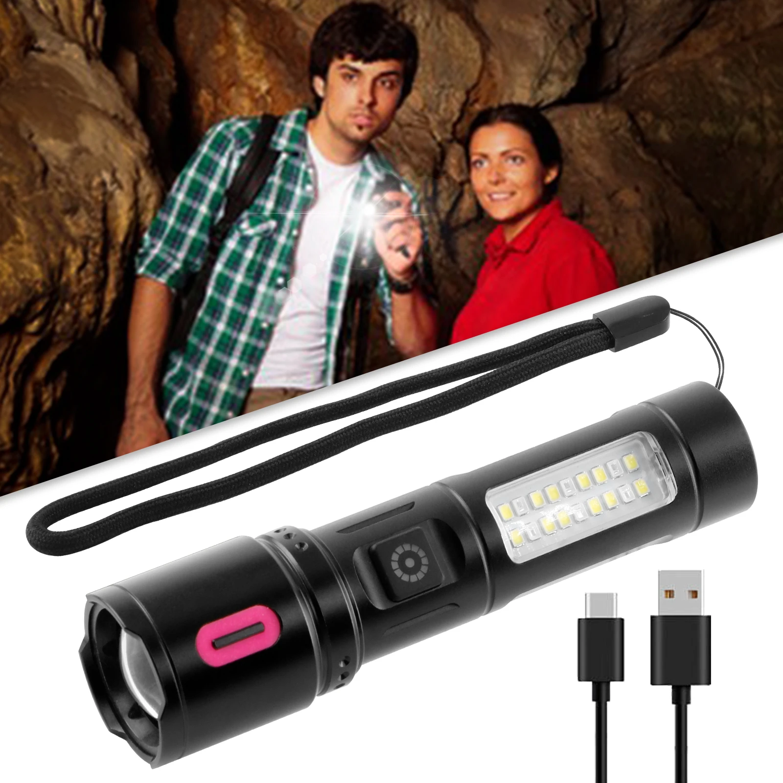 Flashlights and Torches High Brightness White Laser Red SMD Side Light Scalable Zoom Waterproof LED Tactical Flashlight