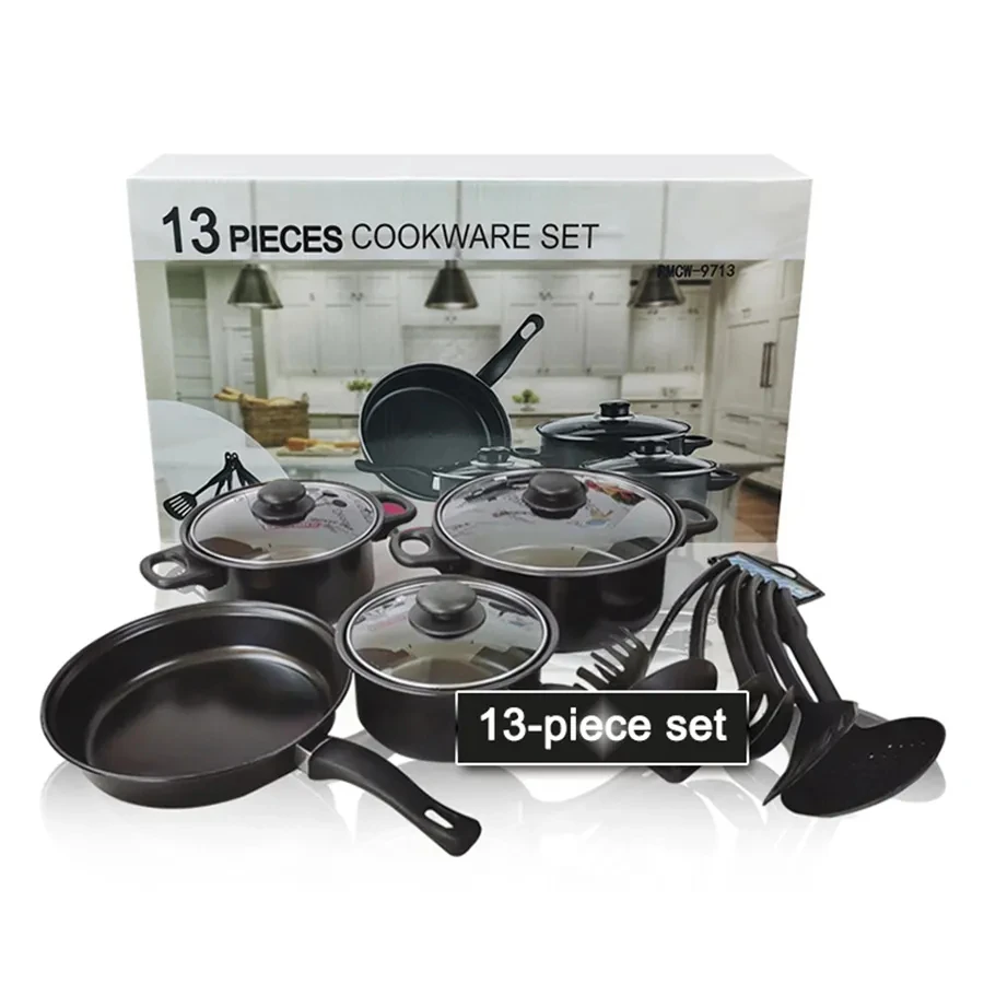 13 Pieces Black Cast Iron Kitchen Utensils Cooking Tools Non Stick Cookware Set With Pots And Pans Set