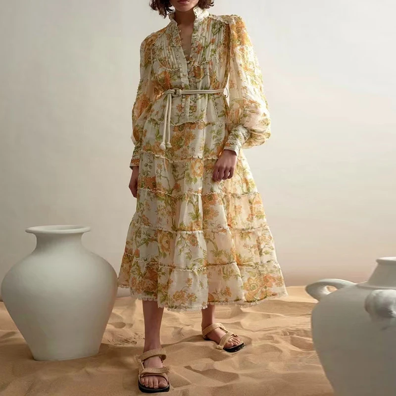 CHICEVER Stand Collar Single Breasted Long Sleeve Lace Up Gathered Waist Fold Hem Dress