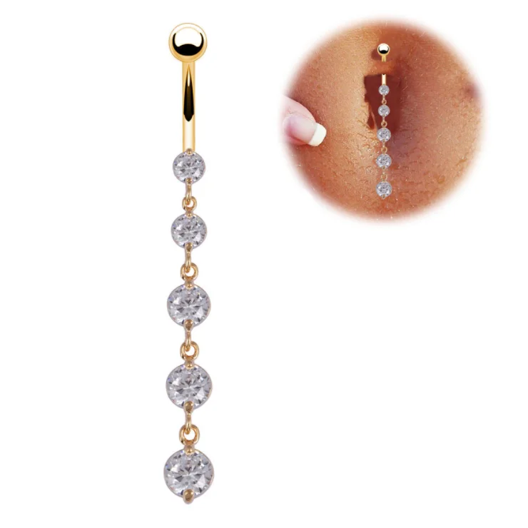 New Custom Navel Ring Chain Belly Button Rings Surgical Steel Body Piercing Jewelry Brass Casting 5 Zircon Gems