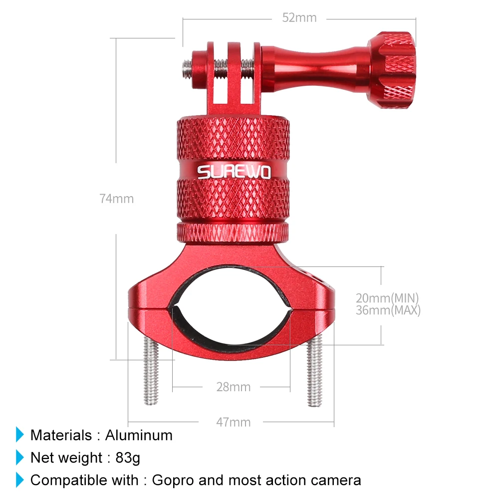 
SUREWO Red Gopro Bicycle Handlebar Mount Camera Bike Mount for GoPro Hero 5 6 7 Black DJI Osmo Action and Gopro Accessory 