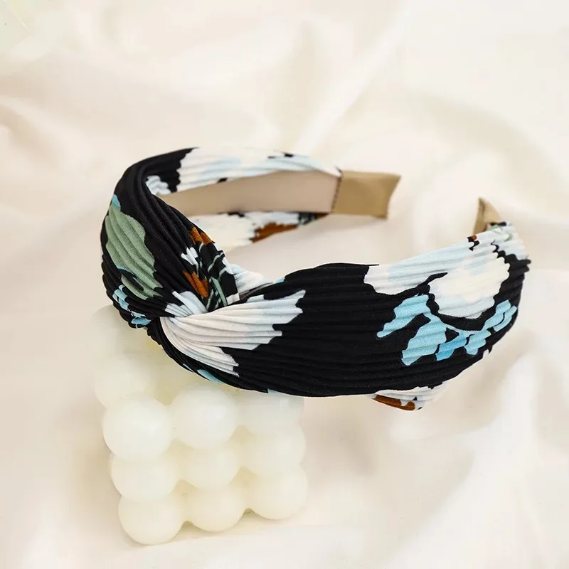 Korea Ethnic Style Hair Accessories Ladies Elegant Fashion Printed Pleated Cross Knot Handmade Headbands  For Girls & Women