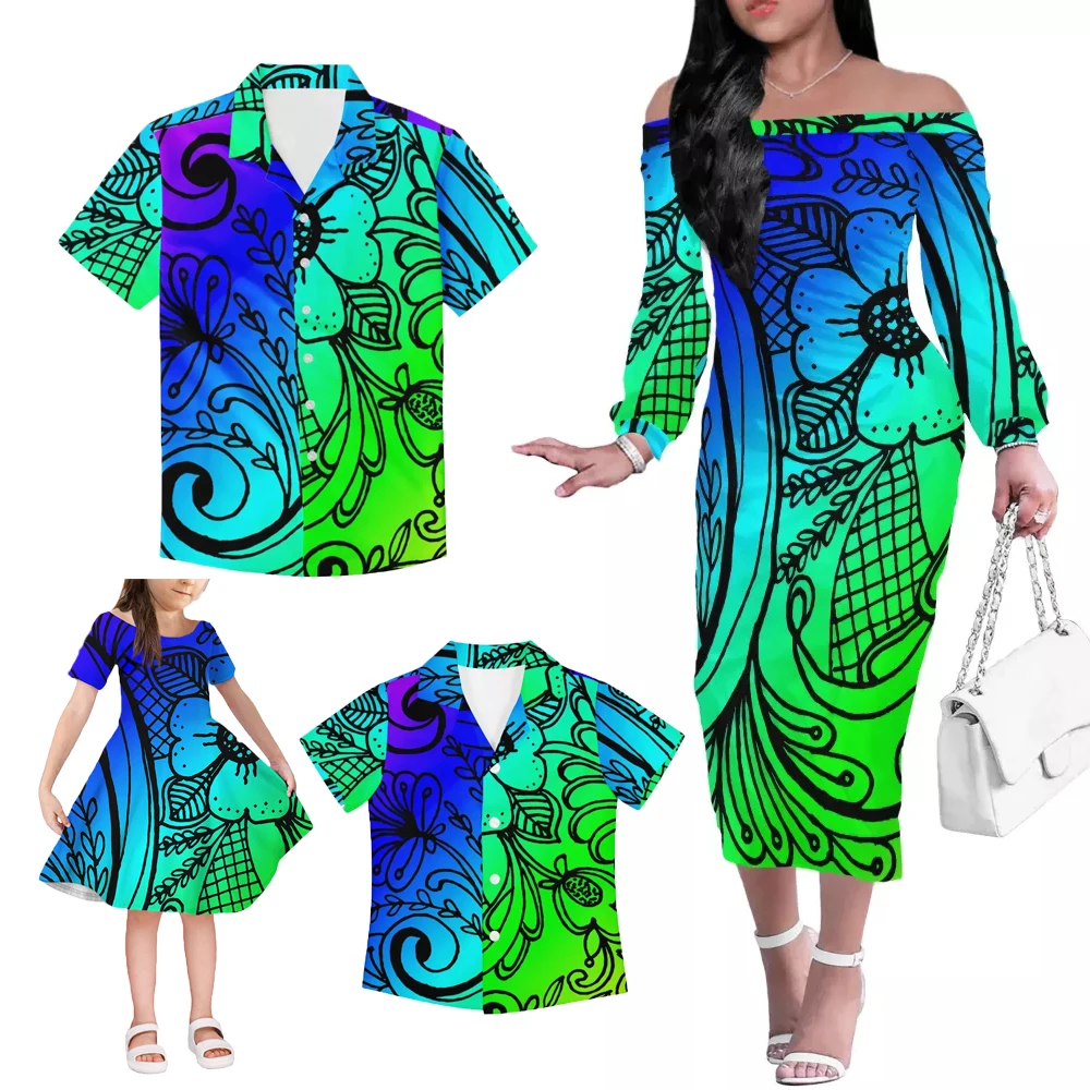 Red Polynesian Family Set 4pcs Set Unique Gifts For MOM Daddy Kids Polyester Off Shoulder Long Dress Little Girl Skrits Set