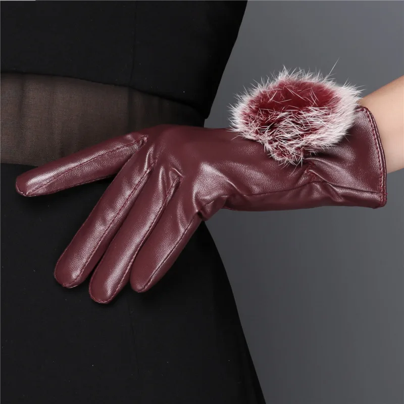  Faux Leather Mittens Women Winter Warm Cycling Gl oves Plush Cute Rabbit Fur Ball Touch Screen