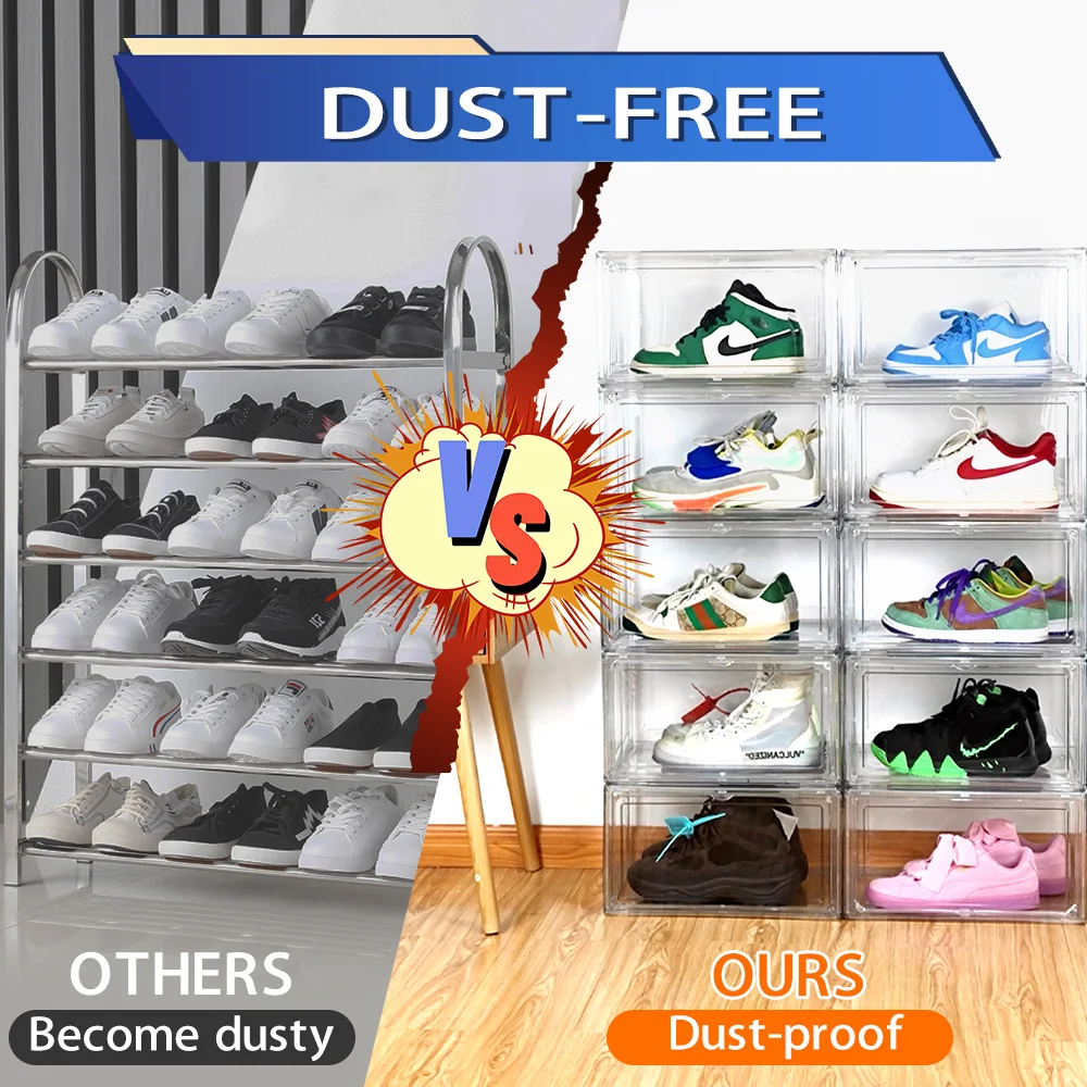 Wholesale Transparent Plastic Sneaker Stackable Shoe Storage Boxes Drop Front Acrylic Drawer Type Magnetic Clear Shoe Box