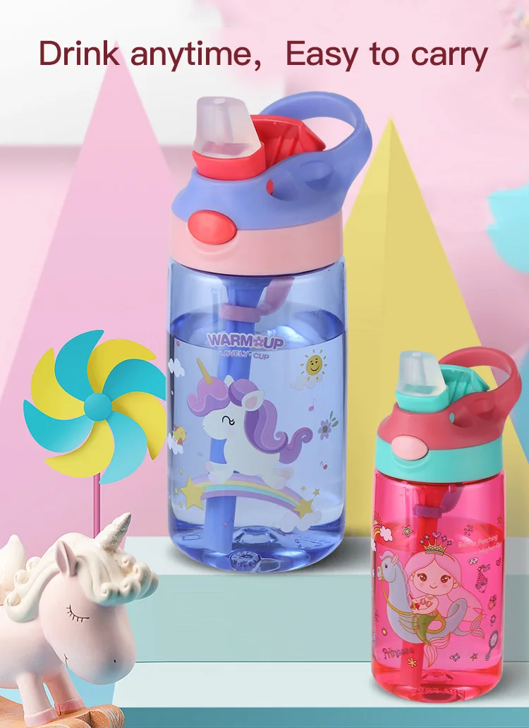 Cartoon Design 470ml Food Grade Portable PP and Silicone Kids Water Bottle Leak-proof Sports Kids Water Bottle