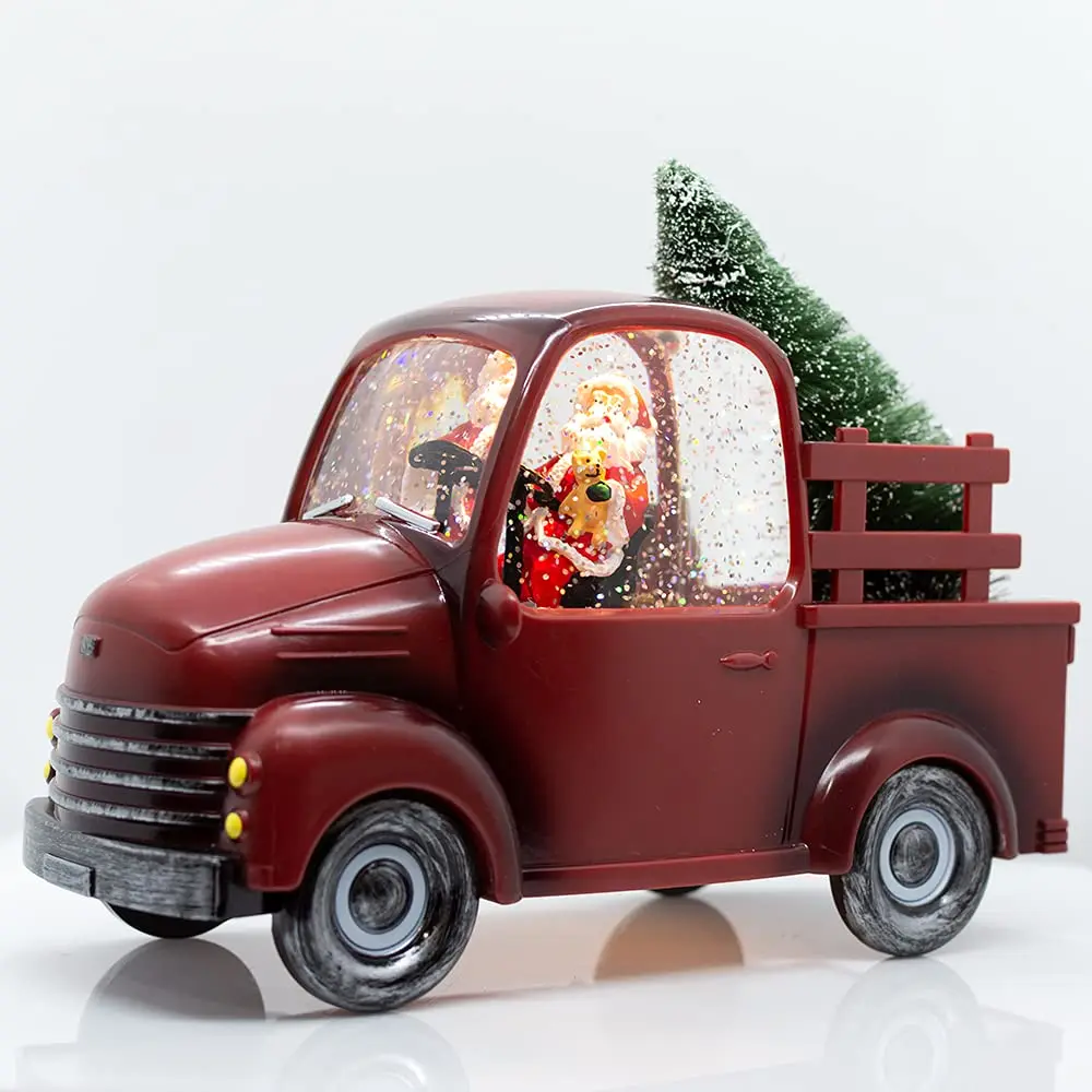 Santa Claus Delivering a Tree in a Vintage Red Pickup Truck Glittery Lantern Snow Globe Christmas Holiday Home Decor