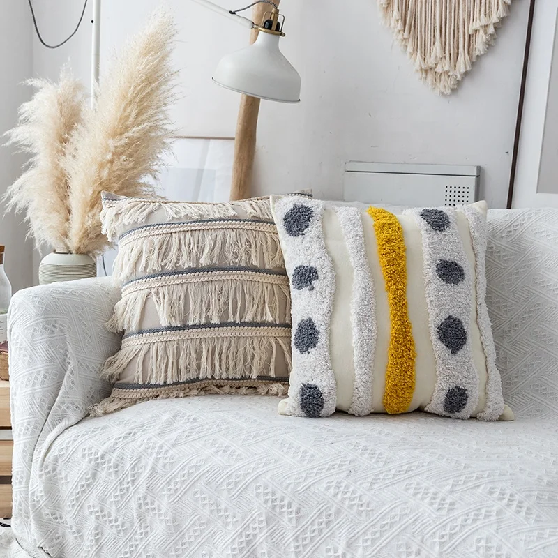 Monad Handmade Crochet High Quality Decor Knit Cotton Luxury Moroccan Style Throw Pillow Case Cushion Covers With Tassel