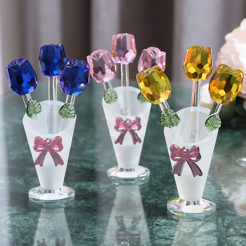 Crystal vase Three small roses decorative objects Glass candlestick flower tabletop wedding ceremony