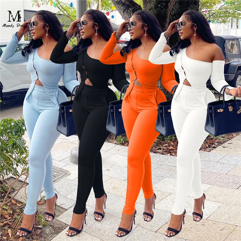 High Quality Sexy Women Two Piece Set One Shoulder Skinny Outfits Spring Long Sleeve Streetwear 2023 Ladies Matching Suit