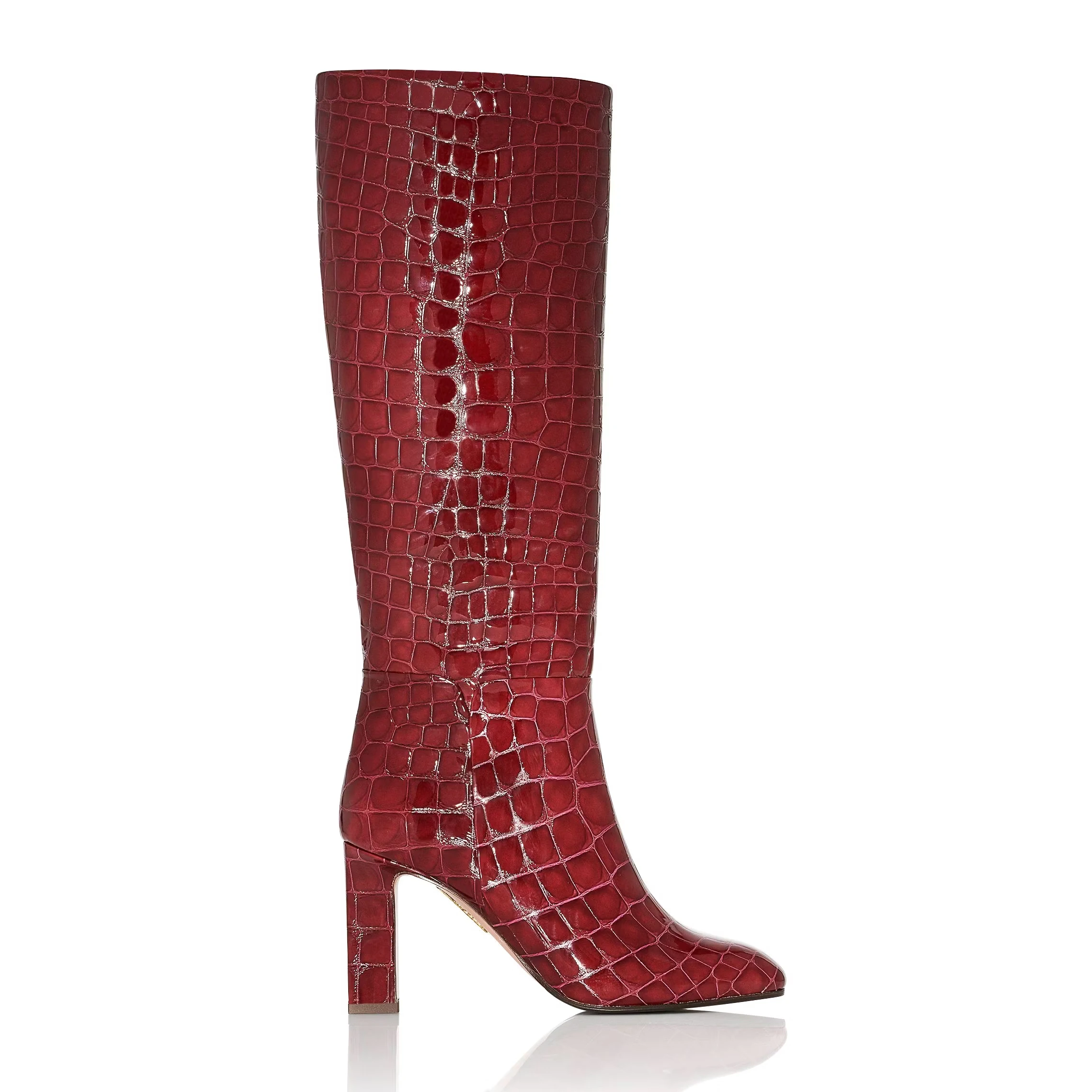 Anmairon new arrival red shiny PU knee high heel chunky heel women boots