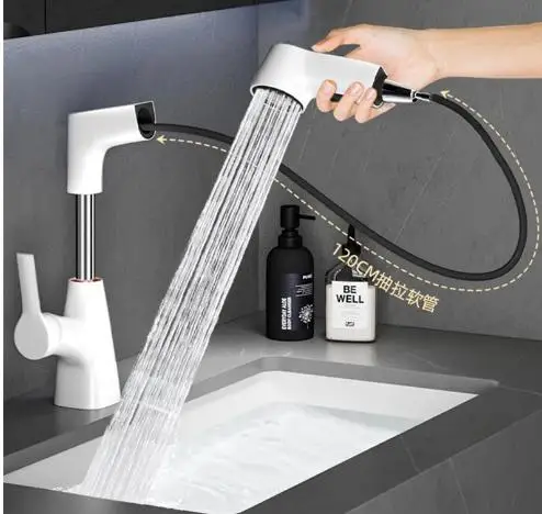 Brass adjustable height pull out double functions white artistic hot and cold basin faucet