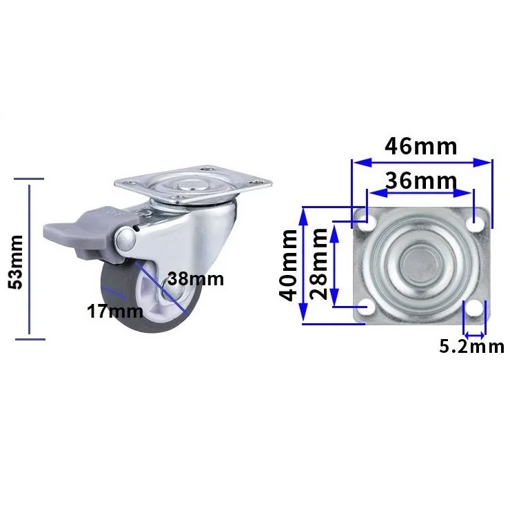 Small gray swivel caster 38mm TPE wheel castor with plate with brake