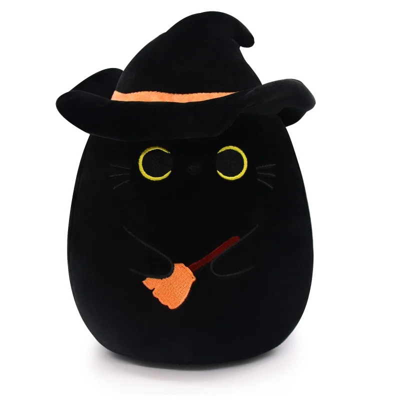 Factory direct sales black cat pillow, black cat plush toy, plush cat toy with hat, cute halloween plush witch black cat doll