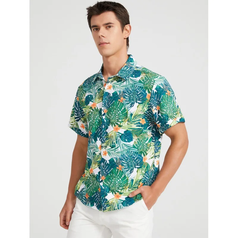 Summer polyester spandex full printing vintage aloha beach short sleeve button up t shirt island resort hawaiian shirt for men