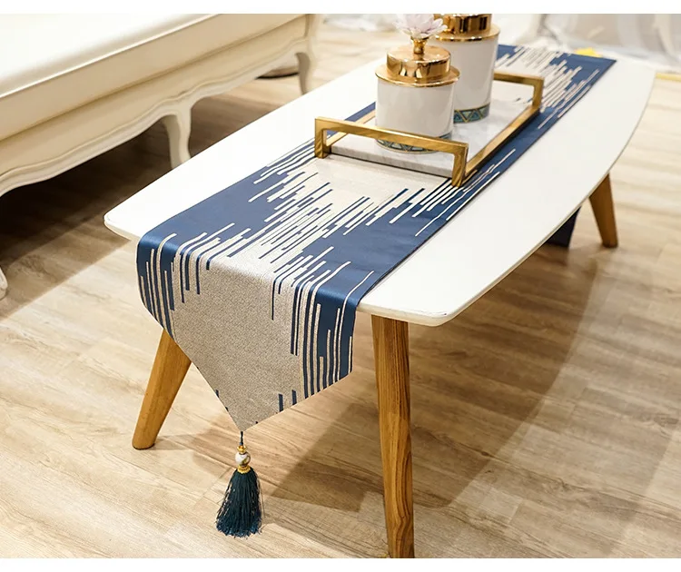 Triangle End Cotton Table Runner with Tassel Home Decorative Striped Table Top with shimmering Silk