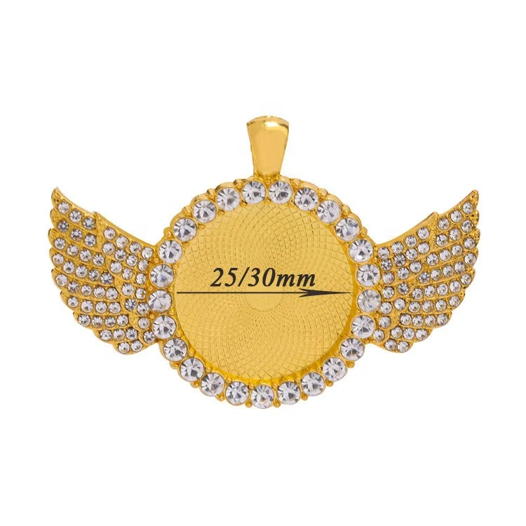 Hiphop Gold Photo Cabochon Pendant Tray Crystal Angel Wing Blank Bezel Memory Pendant Diamond Picture Frame Charms Pendant