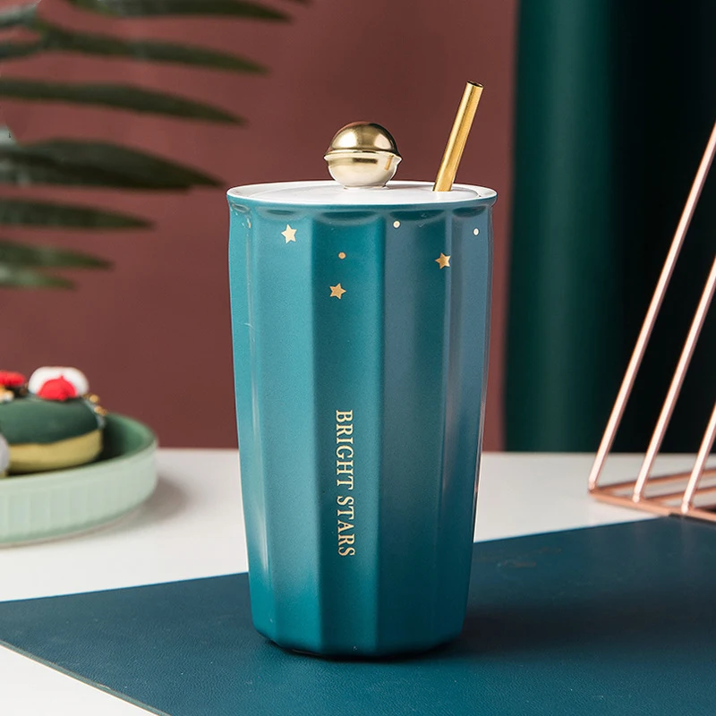 Nordic fashion simple with lid ceramic cup creative double-layer insulation with straw men and women couple mugs