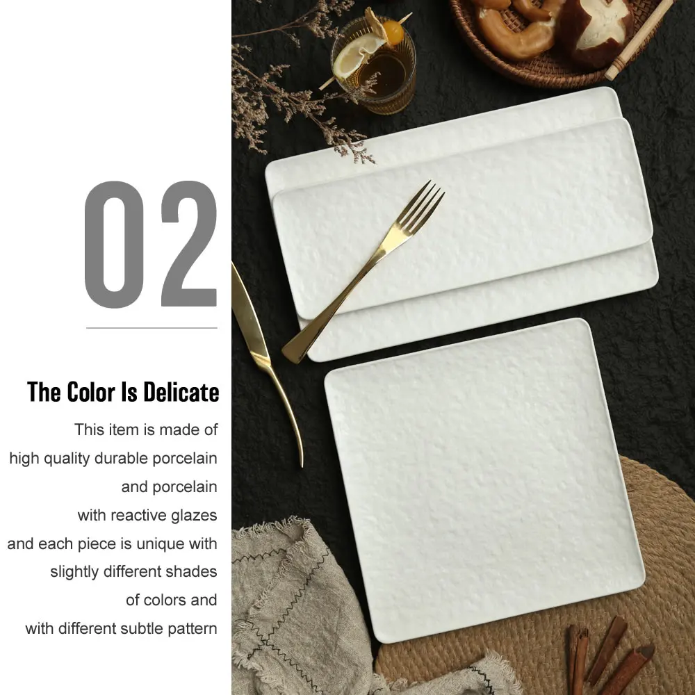 Restaurant Dinnerware Matte White Rock Texture Rectangular Ceramic Dinner Plates Long Porcelain Sushi Charger Plate