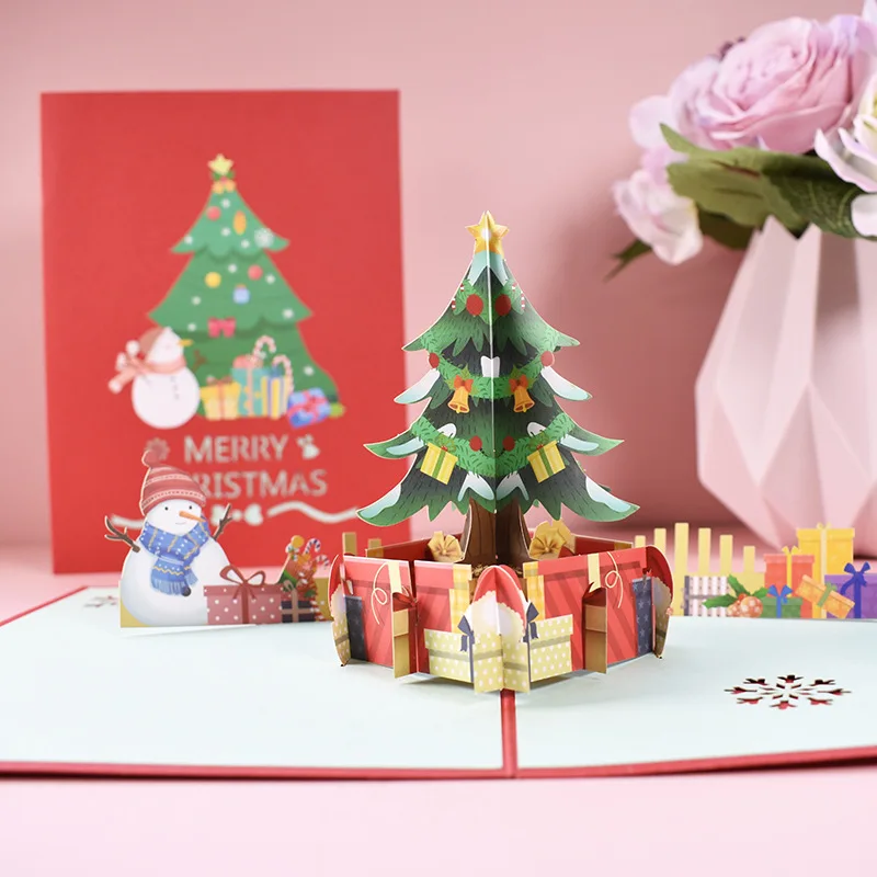 Merry Christmas Cards Christmas Tree Winter Gift Pop-Up Cards Christmas Decoration Stickers Laser Cut New Year Greeting Cards