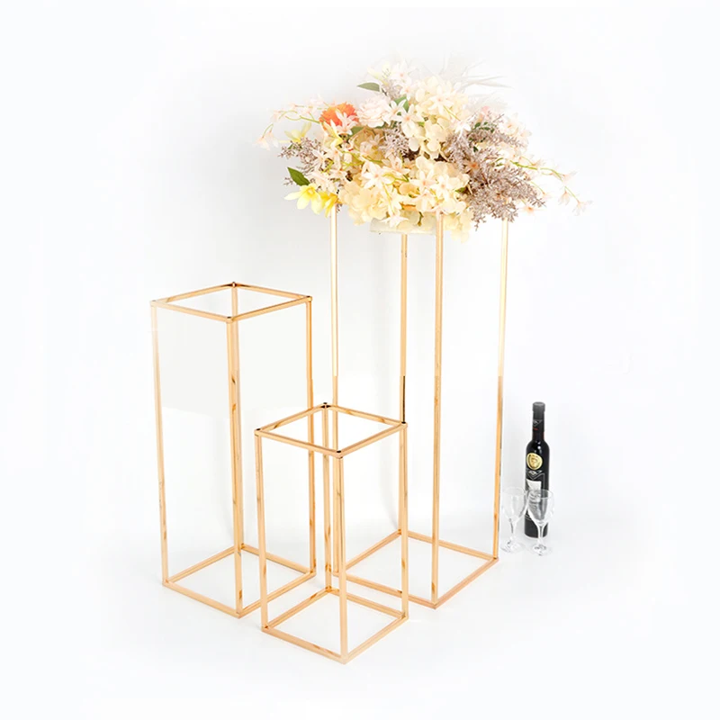 Металлическая напольная ваза для цветов, подставка для золотых колонн и цветов для свадебных украшений, Золотая ваза, металлическая квадратная стойка, держатель для цветов для вечеринки