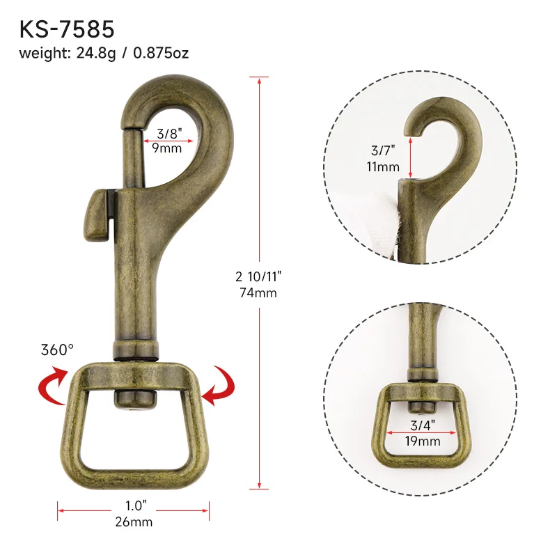 Dog Leash Hardware Glossy Antique Brass Metal Clip Swivel Hook 20mm Swivel Clasp Dog Hook Swivel Snap Hook for Pet Leash Making
