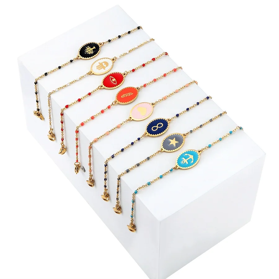 2021 fashion stainless steel Anchor charm enamel letter beads gold bracelet for women for girls