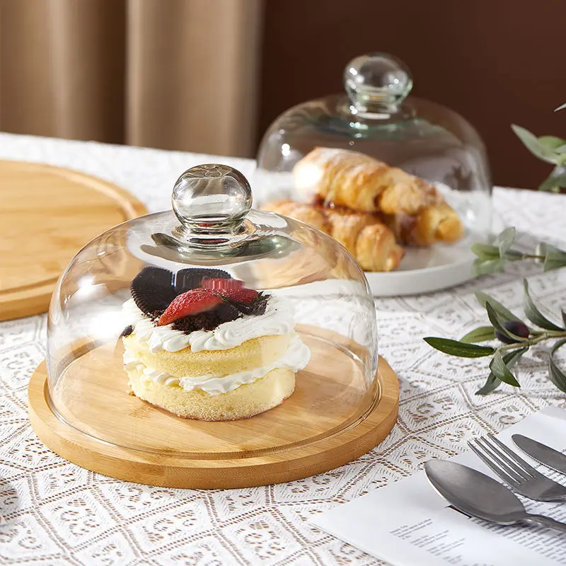 Creative Bamboo Plates for Kids Serving Tray Rotating Tray Wood Bamboo Cake Tray with Glass Cover