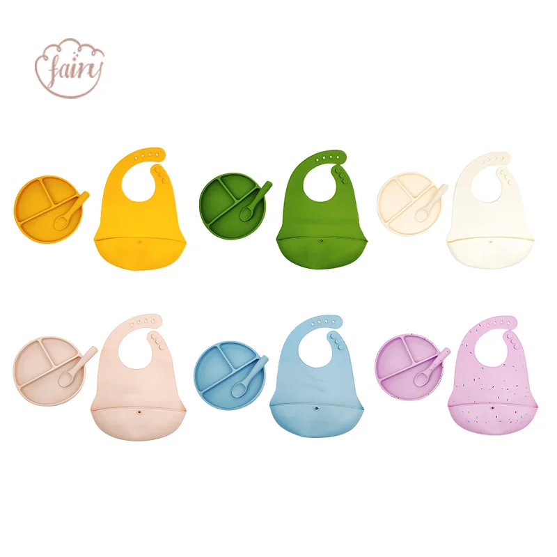 Customized BPA Baby Weaning Toddler Diet Divider Tray Sippy Bowl Spoon Silicone Baby Simple Feeding Set