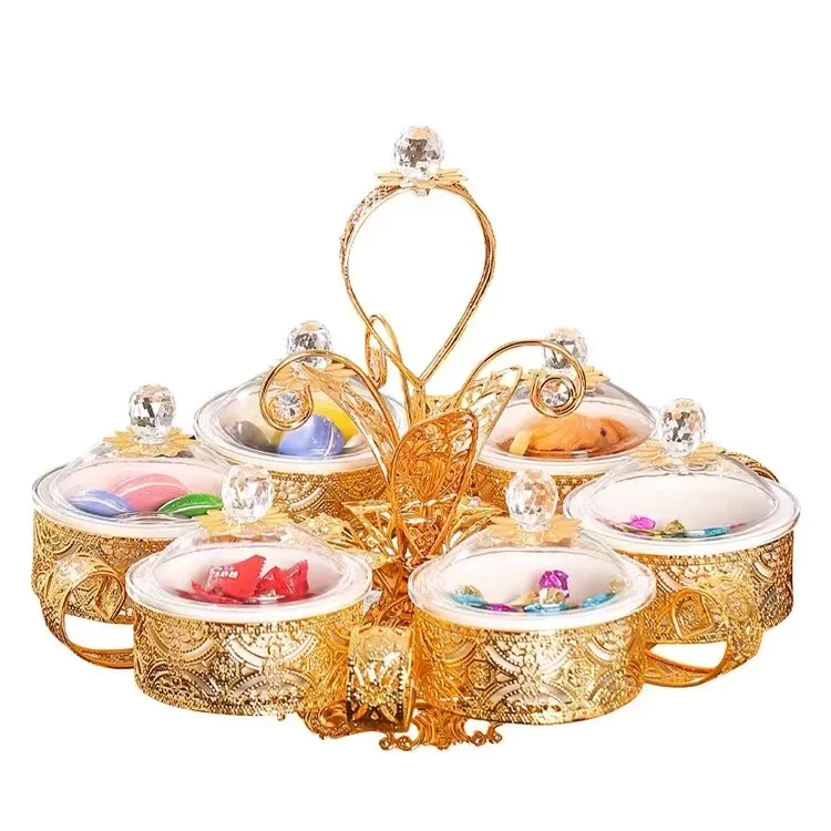 TCF Royal Arabic Luxury Dry Fruit Tray Metal Dessert Dish Turkish Gold Dried Nuts Plates with Lid