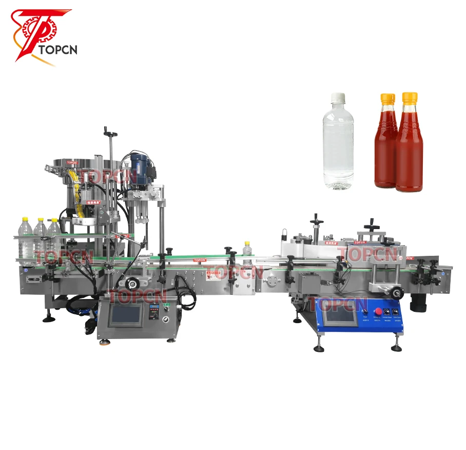 TOPCN Tabletop Jam Sauce Liquid Water PET Bottle Capping Labeling Packing Machine wtih Feeding Elevator Price for Sale