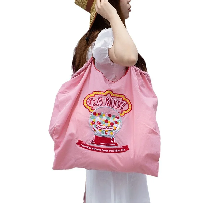 Embroidered Eco-friendly Shopping Bag Foldable Single Shoulder Canvas Crossbody