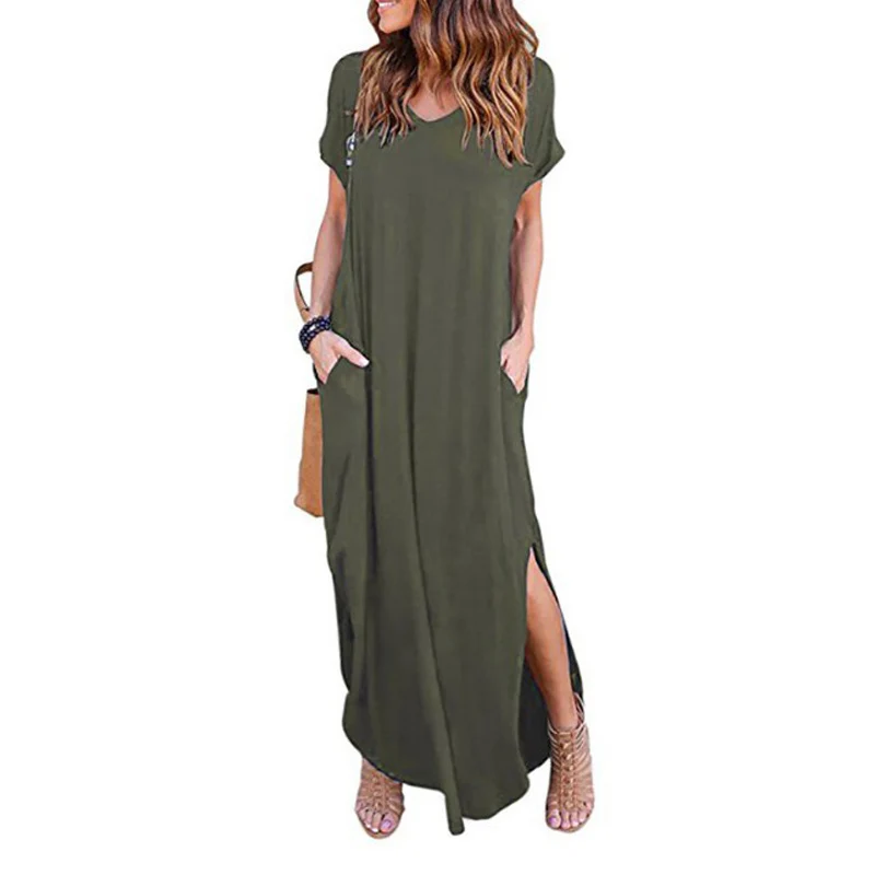 Winstar Plus Size 5XL Sexy Women Dress Summer 2021 Solid Casual Short Sleeve Maxi Dress For Women Long  Lady Dresses