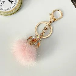 2022  Mink Hair Ball Pompom Crown Diamond  Keychain Lady Bag Accessories Metal key chain  Gift Bag Decoration Pendant