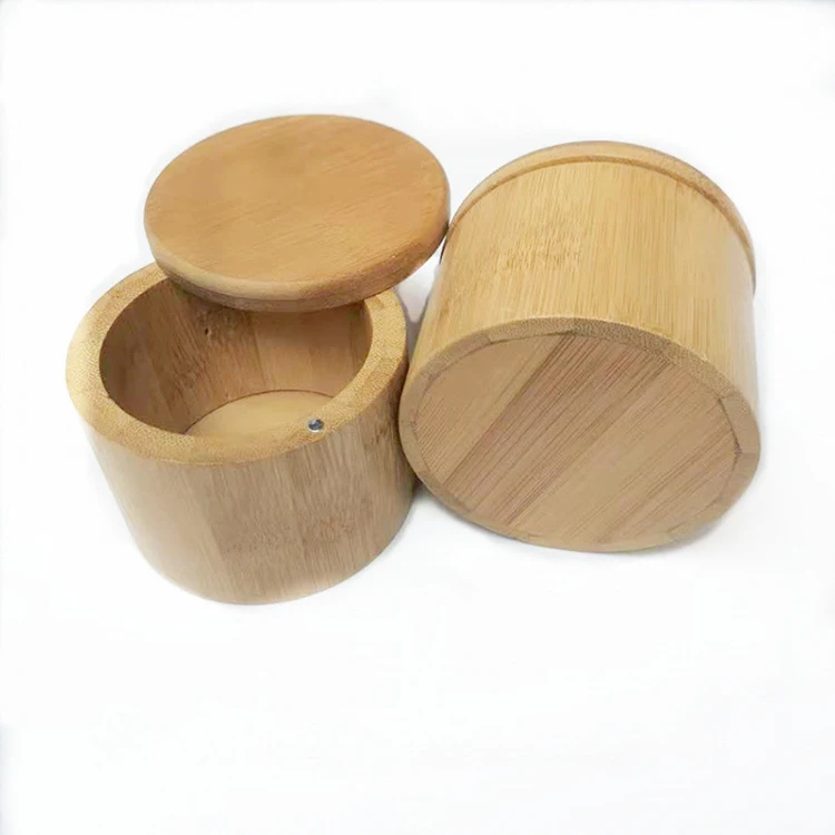 Bamboo Seasoning Jar Salt Box With Magnetic Suction Rotating Lid Spice Kitchen