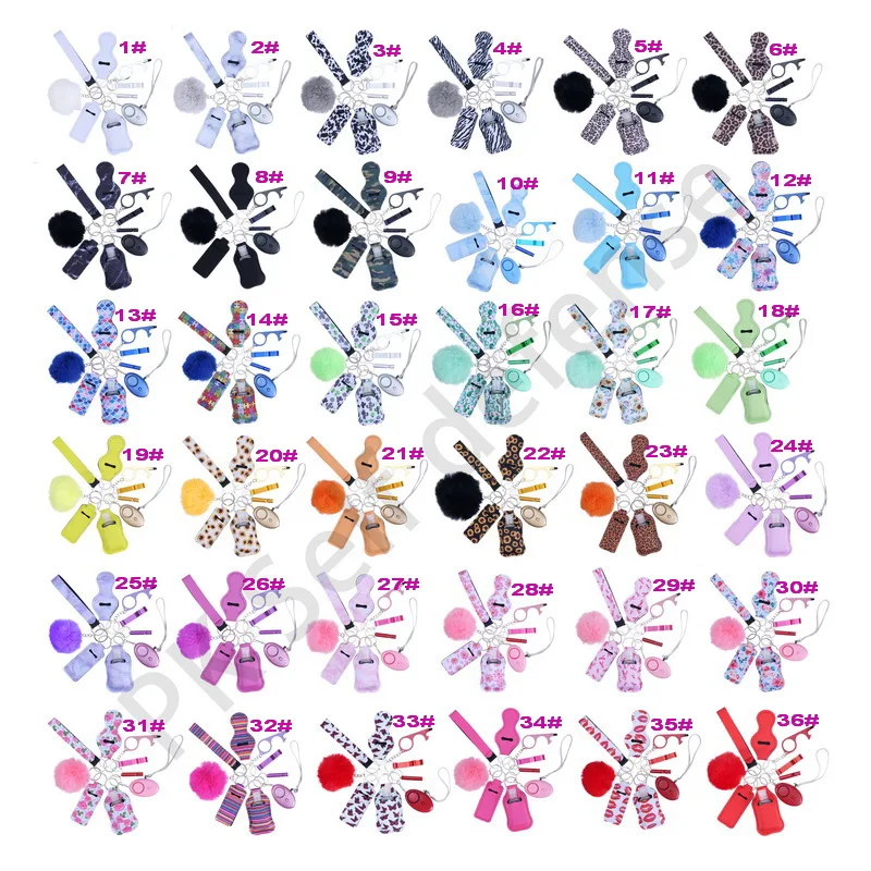 2023 Factory 36 colors Hot Sale Pompom Alarm Whistle Strap Holders Self Defense Keychain Set