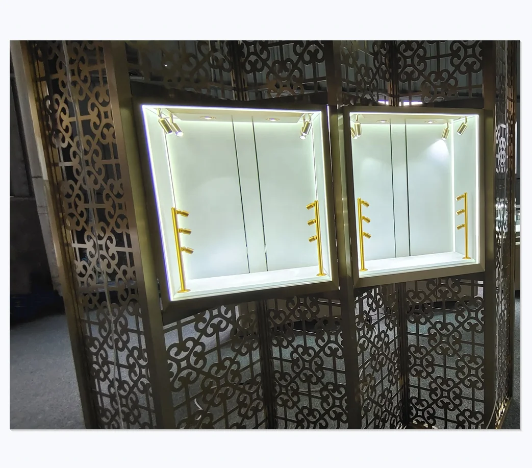 Popular design led window wall display glass cabinet showcase for jewellery shop