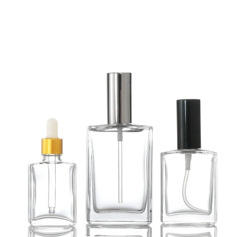 high-end rectangle perfume bottle 30ml 50ml 100ml skin care serum glass dropper bottle for essential oil cosmetic packaging