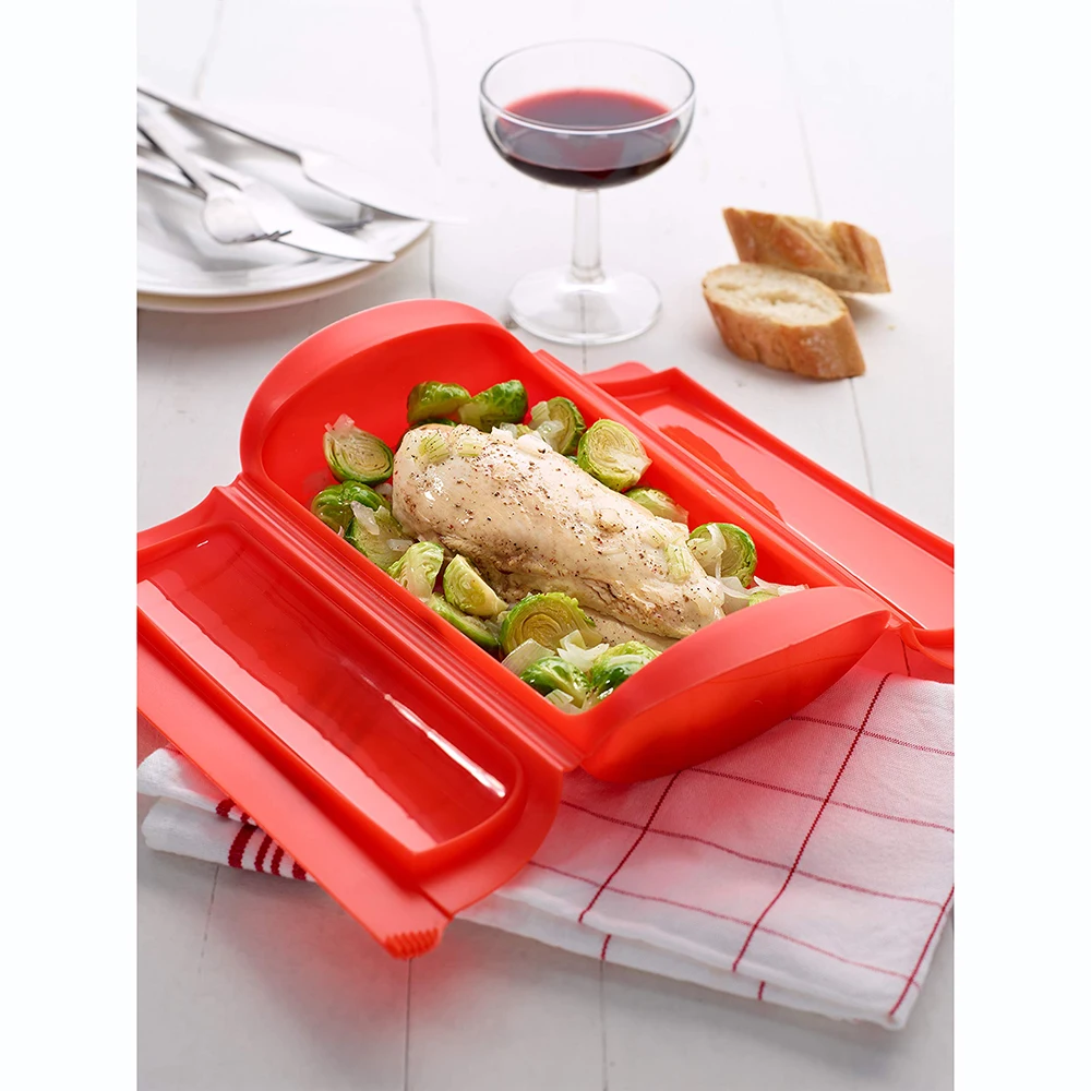 Amazon Hot Professional Cooking Tools Custom Food Fruit Vegetable Basket Microwave Silicone Steam Case With Draining Tray