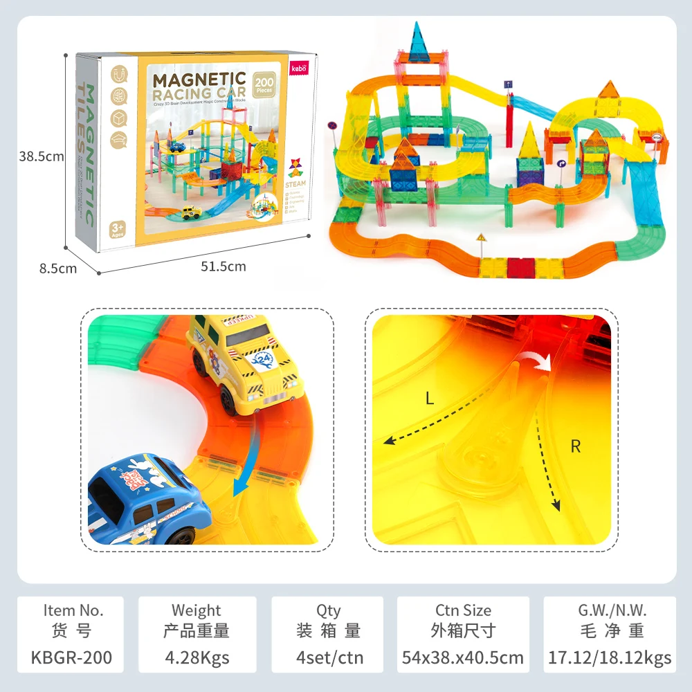 Kebo 2022 3D 200pcs Magnetic Educational Toys magnetic racing track car set tiles building blocks for kids