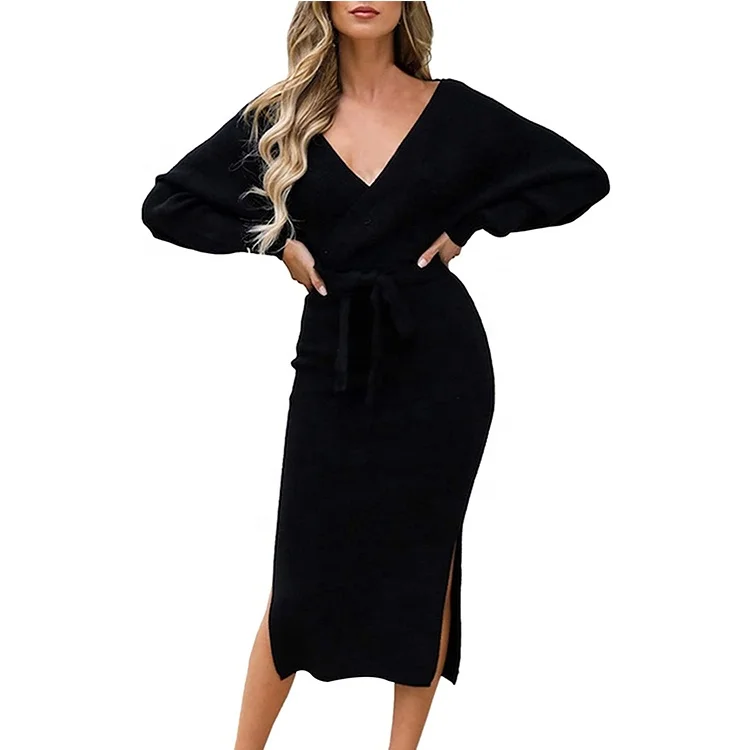 2022 Factory wholesale elegant v neck long sleeved backless rib women sweater dress wrap knit dress