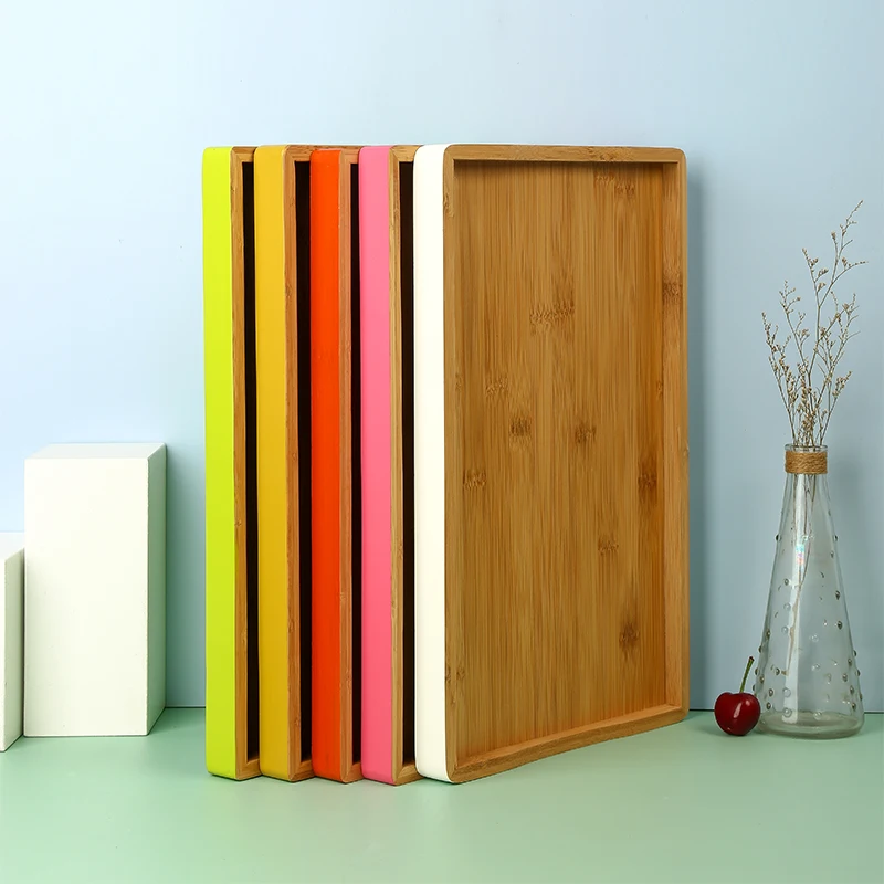 Large rectangle curve handle wooden platter bamboo serving tray with color edge