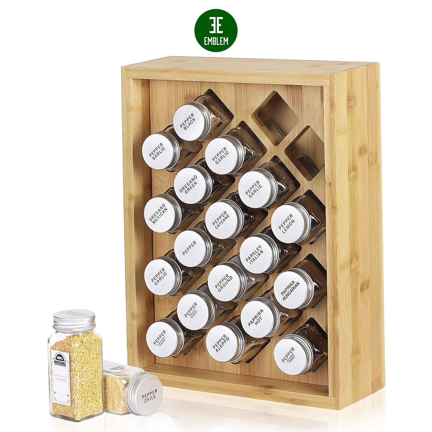 Spice Rack Organizer, Free Standing Countertop Herb Spice Shelf Holder with 20 Glass Jars for Kitchen Cabinet (natural bamboo)
