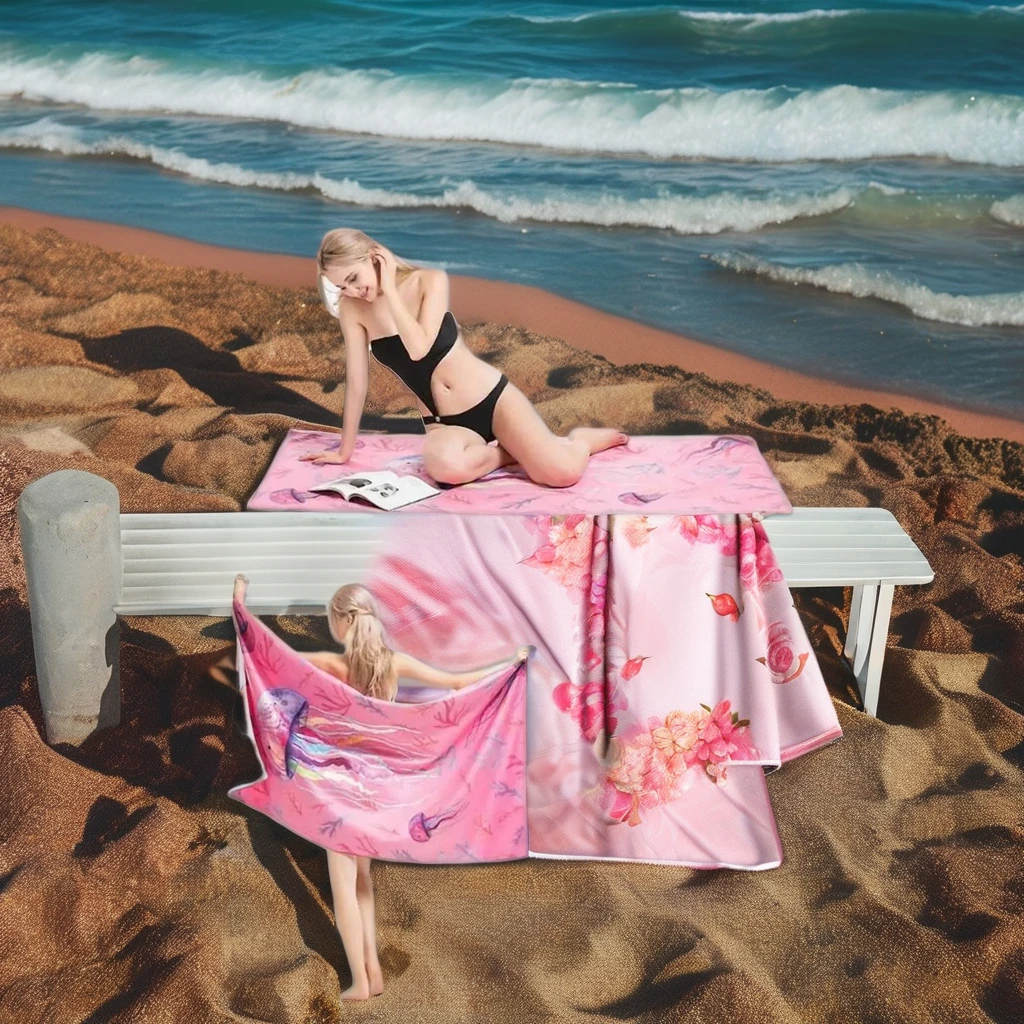 Custom Absorben Microfiber Double-sided Fleece Soft Beach Swimming Bath Towel Leopard Pink Print Towel Summer Beach Towel