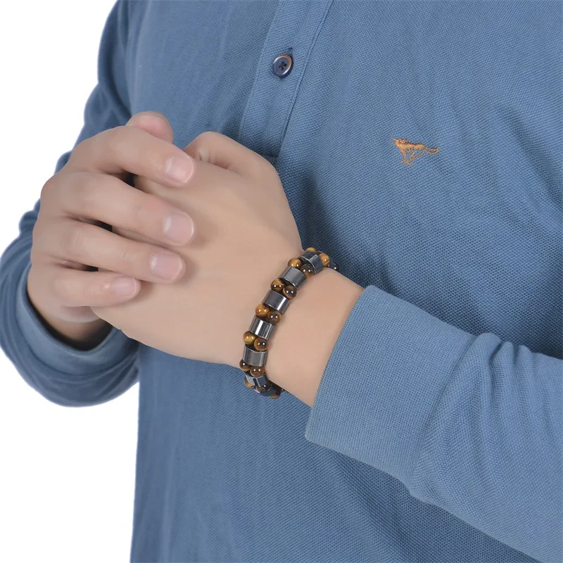 Premium Natural Black Matte Hematite Stone Tiger Eyes Beaded Stretch Cuban Wrap Bracelets Magnetic Healing Jewelry For Mens