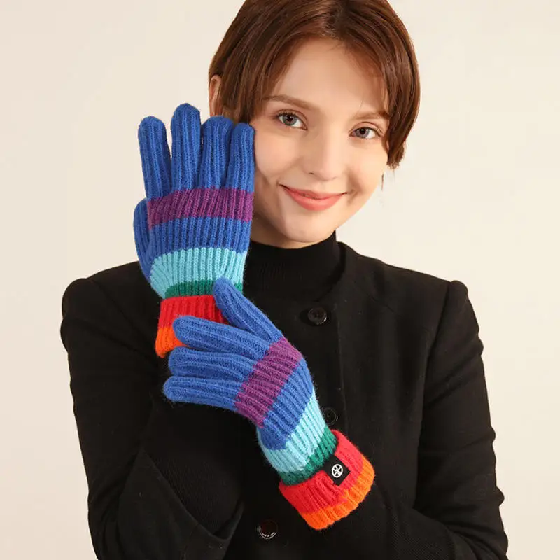 Rainbow Striped Knitted Gloves For Women Autumn Winter Thickened Korean Color Dew Two-Finger Touch Screen Gloves Couples Riding