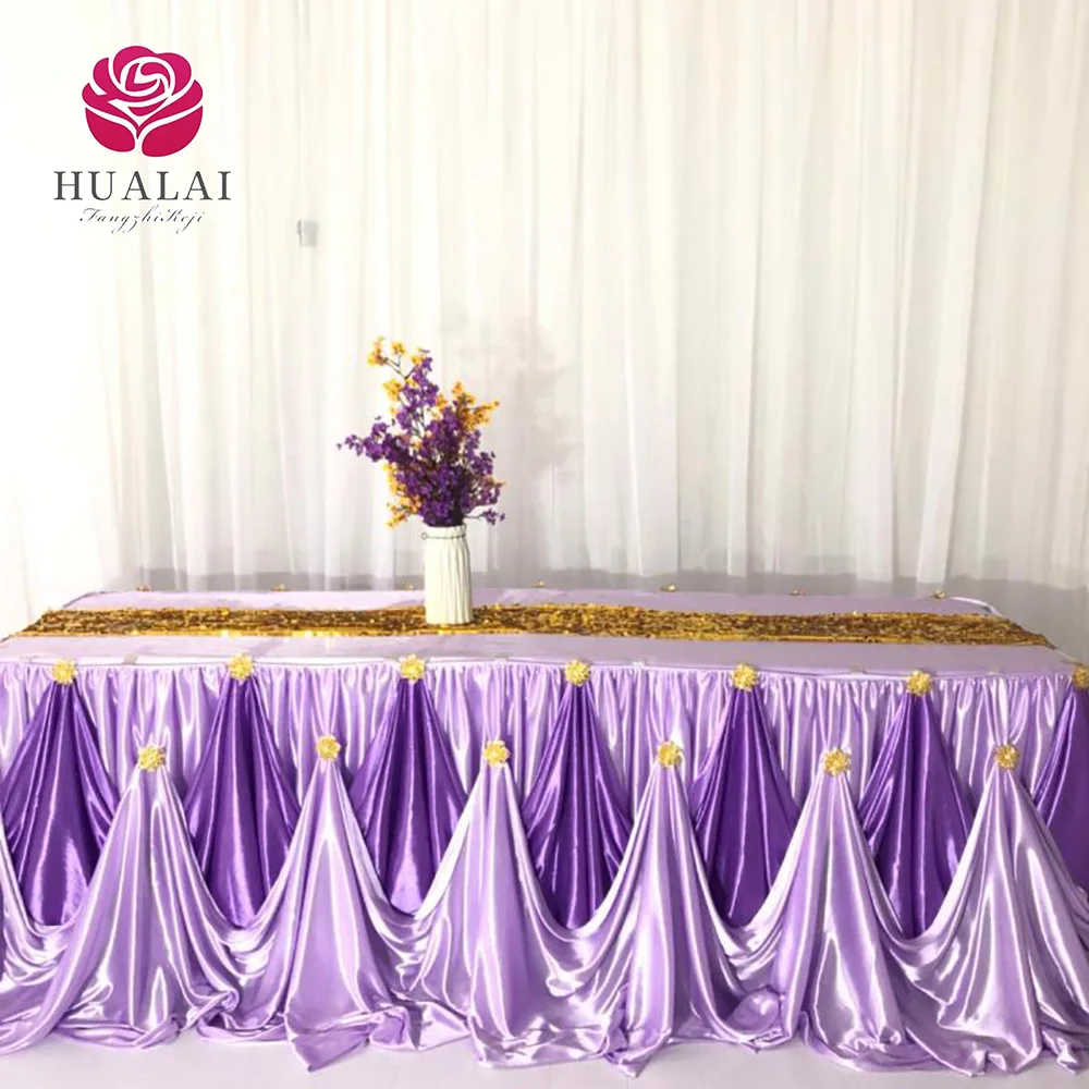 high quality Luxury Fashion Design long table gold pooling icy silk beautiful table skirt skirting for wedding