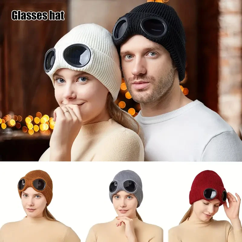 Hot Sale Custom Logo Plain Knit Cuff Fold Up Outdoor Riding Cycling Ski Goggle Beanie Hat Cap With Warm Lining