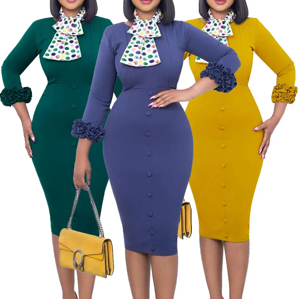 2022 New Design Africa Clothing Scarf Slit Pencil Business Long Sleeve Dress Office Lady Womens Dresses Elegant Career Dresses